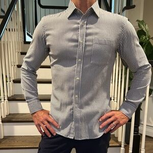 Teddy Stratford men’s cotton Oxford cloth button down in blue pinstripe